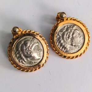 Vintage antique coin earrings. Replica silver coins set in Gold plated Bezel